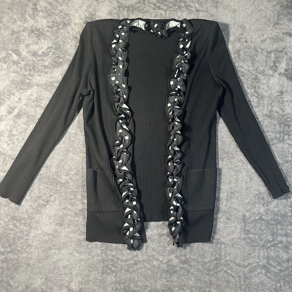 Misook Black Ruffle Trim Cardigan S Dressy Formal Pockets Structure Designer